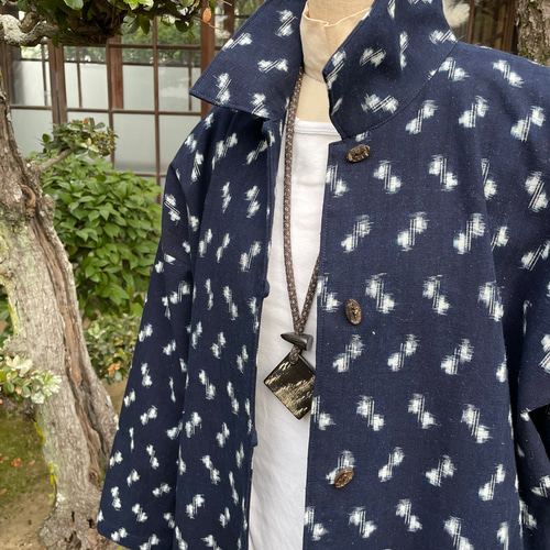 着物リメイク】絣の衿付きコートワンピース/藍染 ワンピース 古布華 