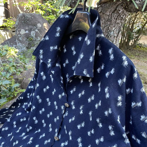 239　手染め大輔　着物リメイク　藍紬　型染め　ワンピースストール付　L〜フリー 239 手染め大輔 着物リメイク 藍紬 型染め ワンピースストール付