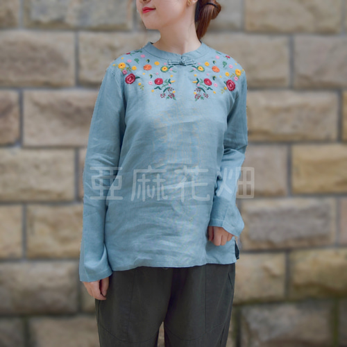 リネン100% ブラウス レディース 花柄 ブラウス ハイネック ブラウス