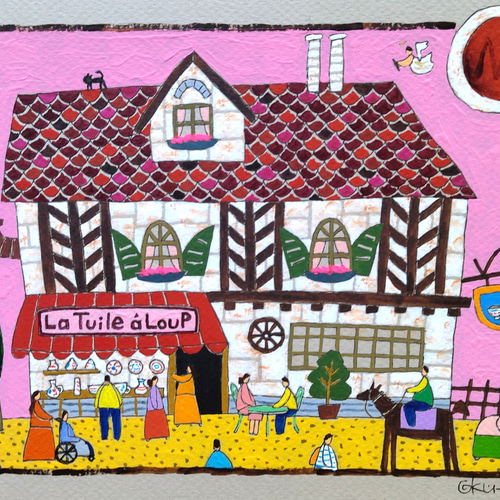 奥村ユズル　水彩画原画　ノルマンディーの小さなカフェ 奥村ユズル 水彩画原画 ノルマンディーの小さなカフェ