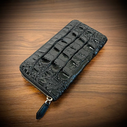 クロコダイル メンズ財布 長財布 ワニ革 ラウンドファスナー ブラック 一枚革 黒 1枚目の画像