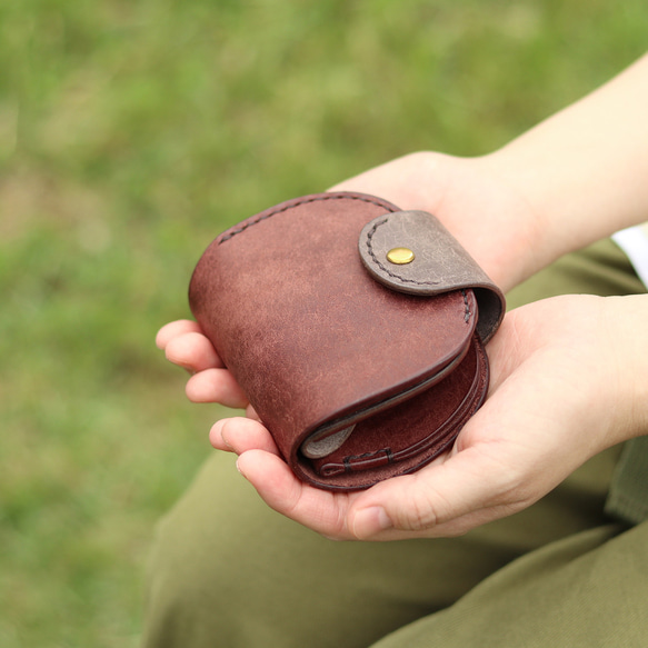 小さな財布 コロコロ丸いコンパクトウォレット・革財布 ブラウン