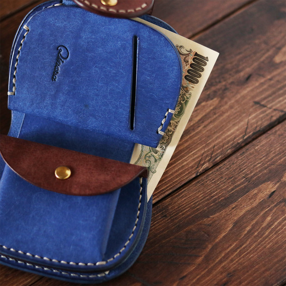 小さな財布 コロコロ丸いコンパクトウォレット・革財布 コバルト＆ブラウン 5枚目の画像