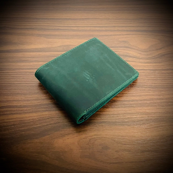 イタリアンレザー ヌバック 折財布 二つ折り 本革メンズ レディス 牛革 コンパクト 経年変化 ハンドメイド グリーン 1枚目の画像