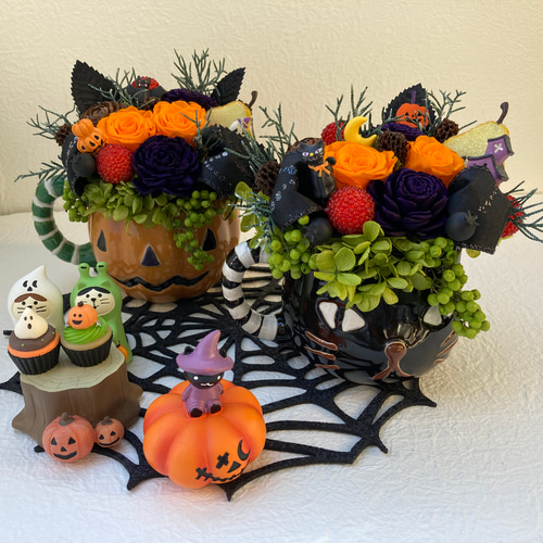 再販 ハロウィン早割SALE 秋プリザーブドフラワーアレンジ オレンジ紫