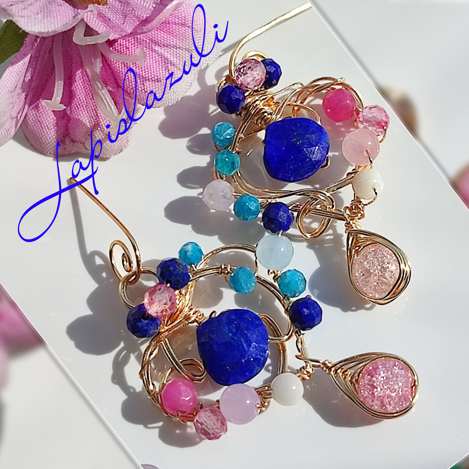 『14kgf 最高品質 ラピスラズリ ピンクトパーズピアス』お出かけ　パーティー　贈り物