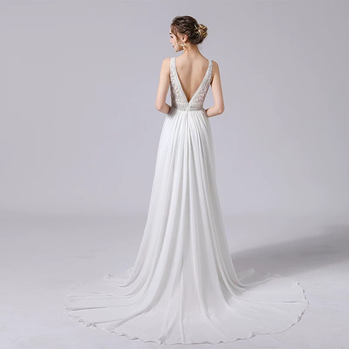 レーススリット Vネック ノースリーブウエディングドレス 二次会  