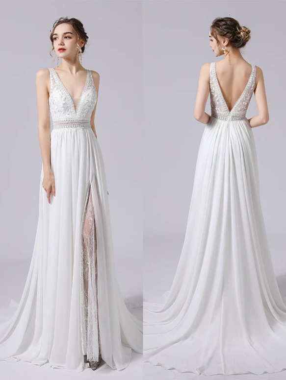 レーススリット Vネック ノースリーブウエディングドレス 二次会  