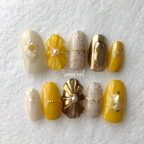 ぷっくりフラワー【くすみイエロー】和装.成人式.結婚式.卒業式 ネイル  