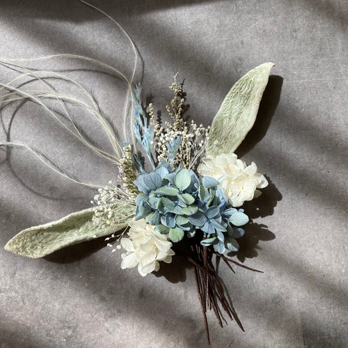 ブルーグリーンの紫陽花とフェザーグラスのヘッドドレス 髪飾り  