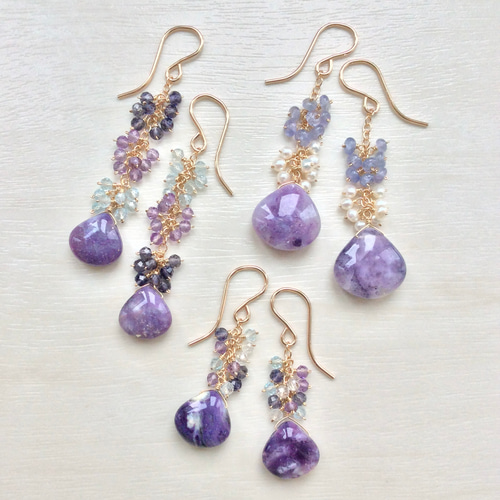 14kgf ティファニーオパールと天然石のふさふさピアス ピアス（フック  