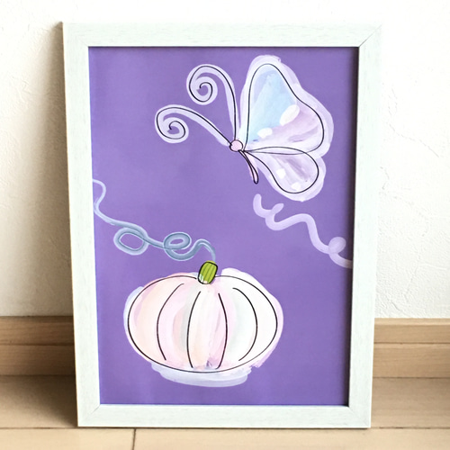 額縁付「ハロウィン～カボチャと蝶 パープル」インテリア絵画ポスター