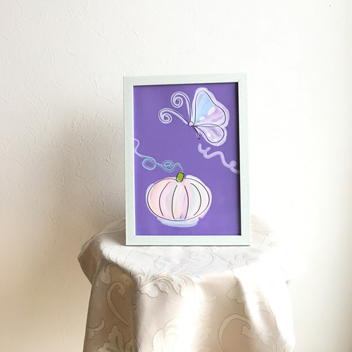 額縁付「ハロウィン～カボチャと蝶 パープル」インテリア絵画ポスター