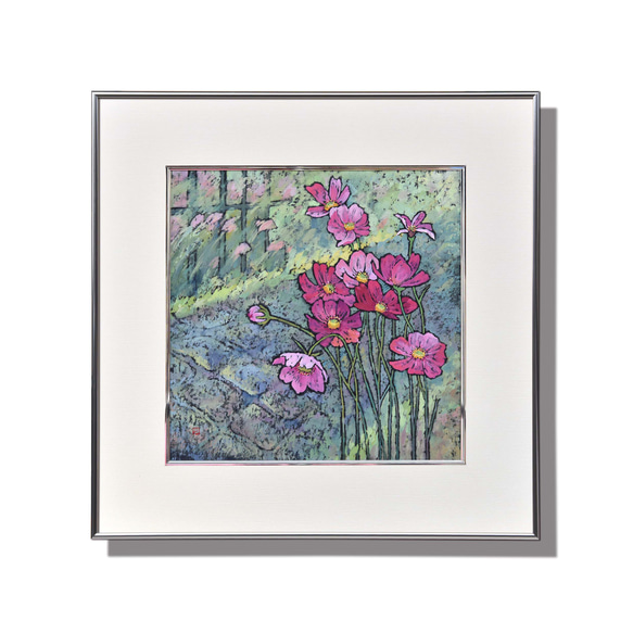 原画　一点もの　白い花-F10 油彩 額縁込み 花道】不透明水彩原画 一点物 額縁付き 豪華プレゼント付き 絵画