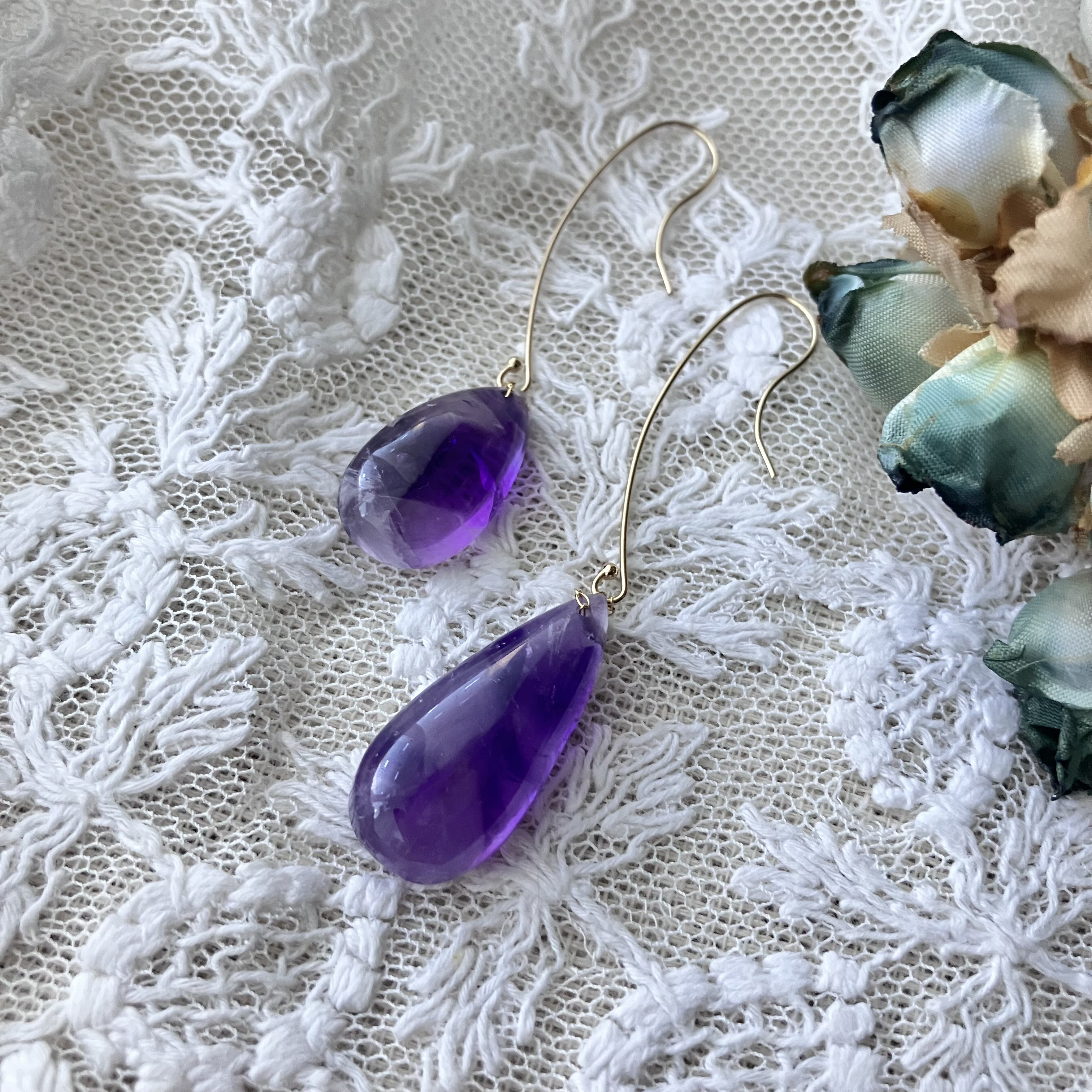 希少石ファントムアメジストのアシンメトリーロングピアス☆14kgf