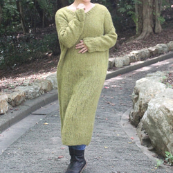お取り寄せ】つつむ 手編みモヘアロングワンピース○オリーブ ニット