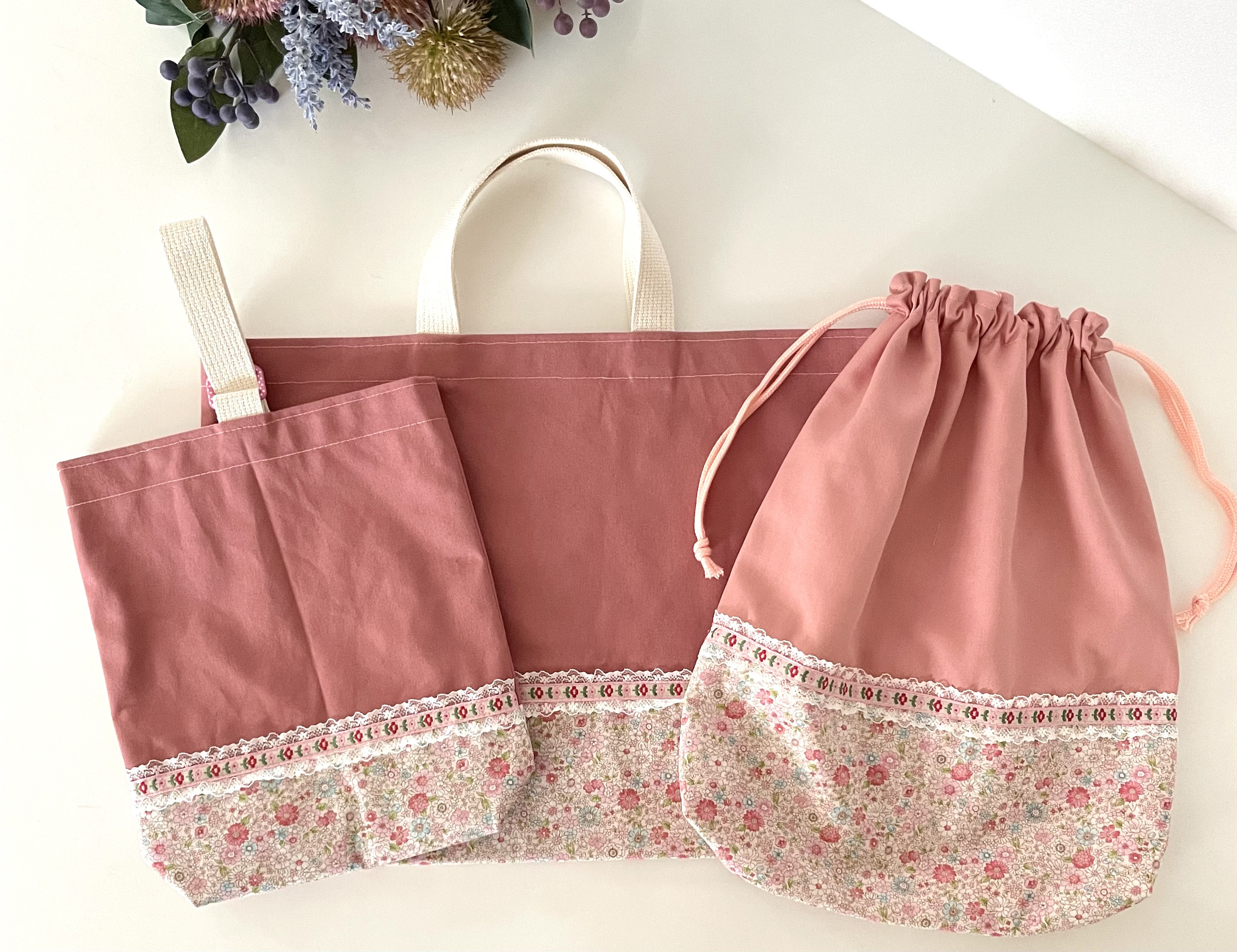 帆布&花畑　3点セット　サイズor仕様選べる　オーダーOK レース　チロルテープ　入園入学　受注製作　くすみカラー