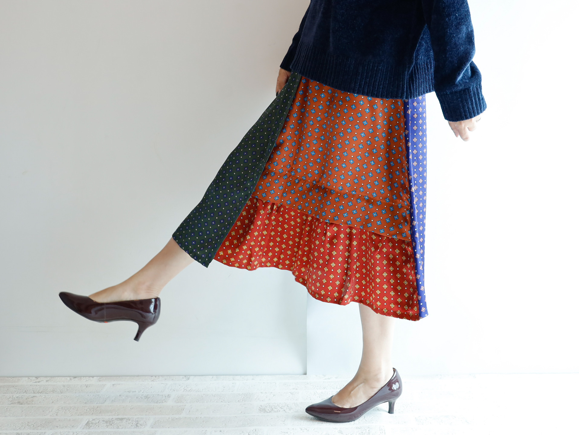 SALE メンズライクなサテン生地のハンサムパッチワークスカート