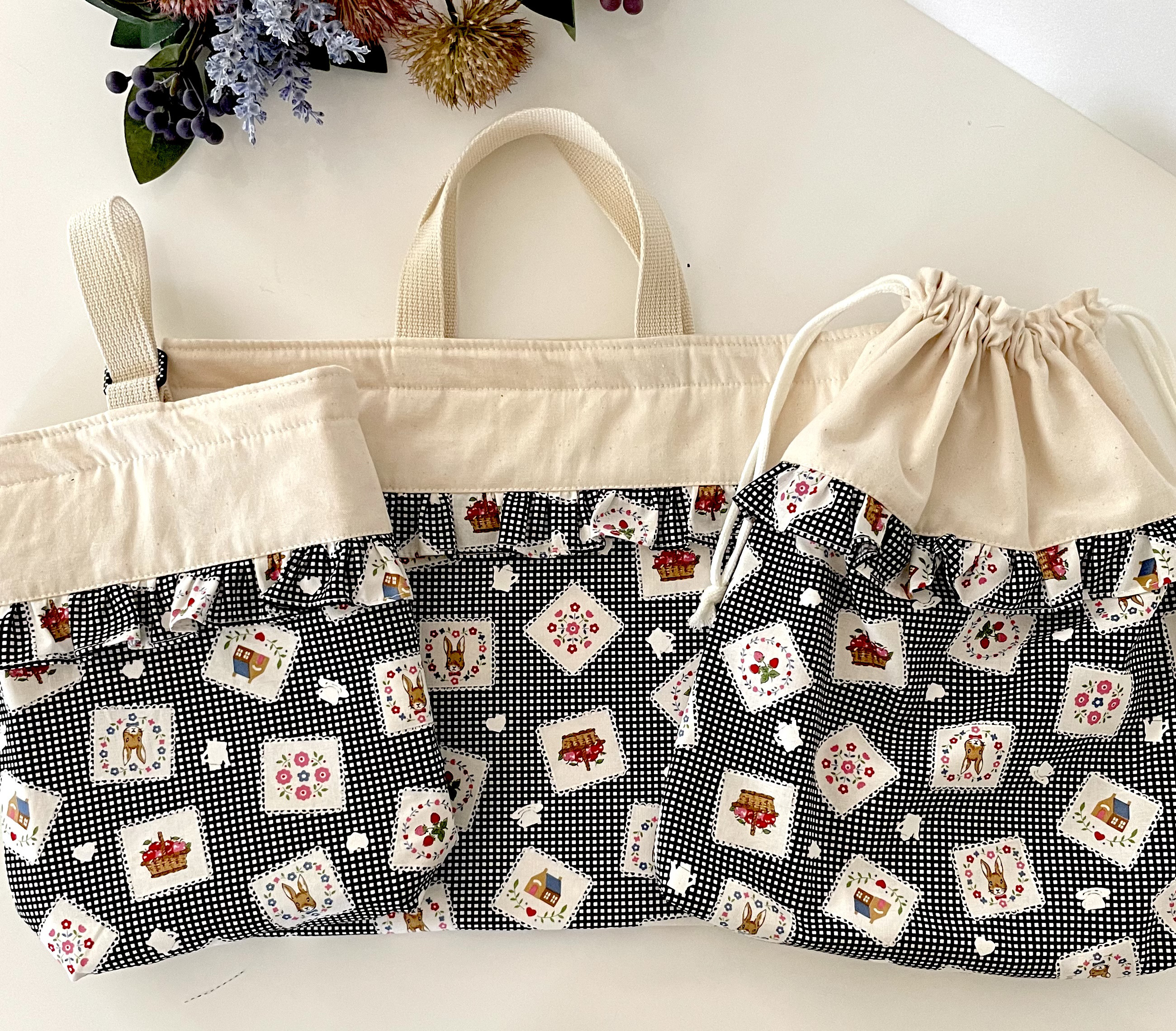 カントリー調うさぎ　3点セット　サイズor仕様選べる　オーダーOK フリル　入園入学　受注製作　ギンガム　ラビット