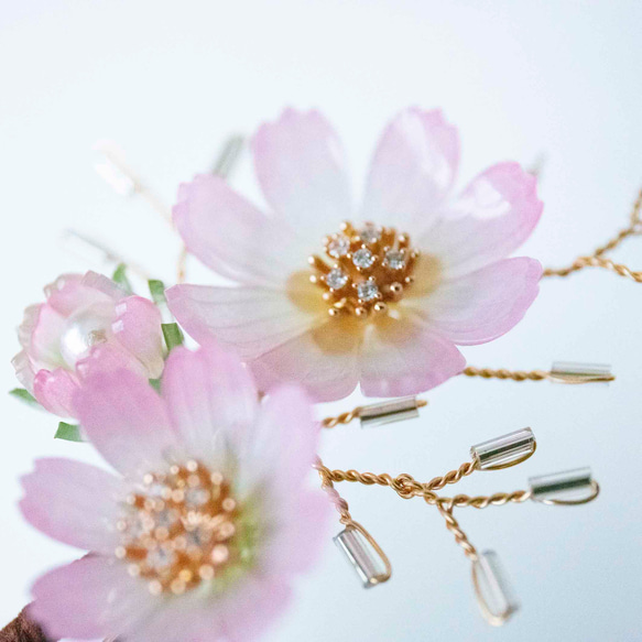 色が選べる コスモス 秋桜 白 ピンク 赤 プラ板 かんざし 髪飾り u字