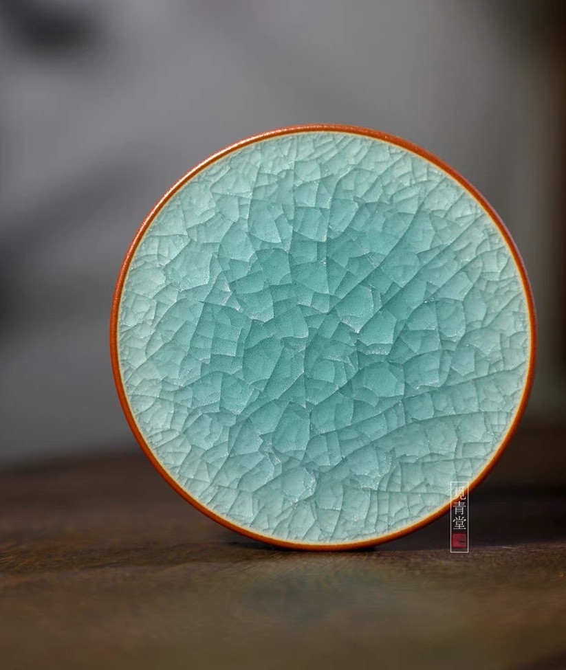 青磁氷裂貫入　湖藍氷生蓋置【共箱】龍泉青磁　陶芸作品　置物 贈り物　コレクション