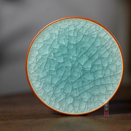 青磁氷裂貫入 湖藍氷生蓋置【共箱】龍泉青磁 陶芸作品 置物 贈り物