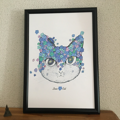 猫と花のA3サイズアート作品 額縁付き アートプリント A4 ポスター