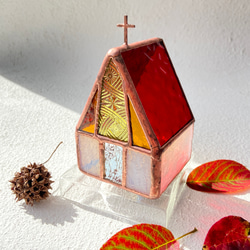 『赤い屋根　Church 』クリスマスのキャンドルホルダー　ステンドグラス 1枚目の画像