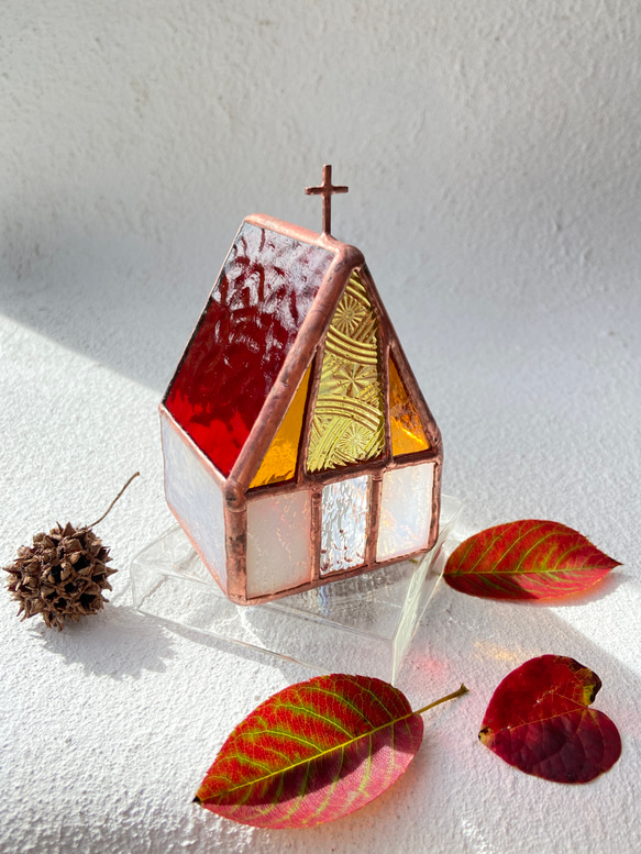『赤い屋根　Church 』クリスマスのキャンドルホルダー　ステンドグラス 6枚目の画像