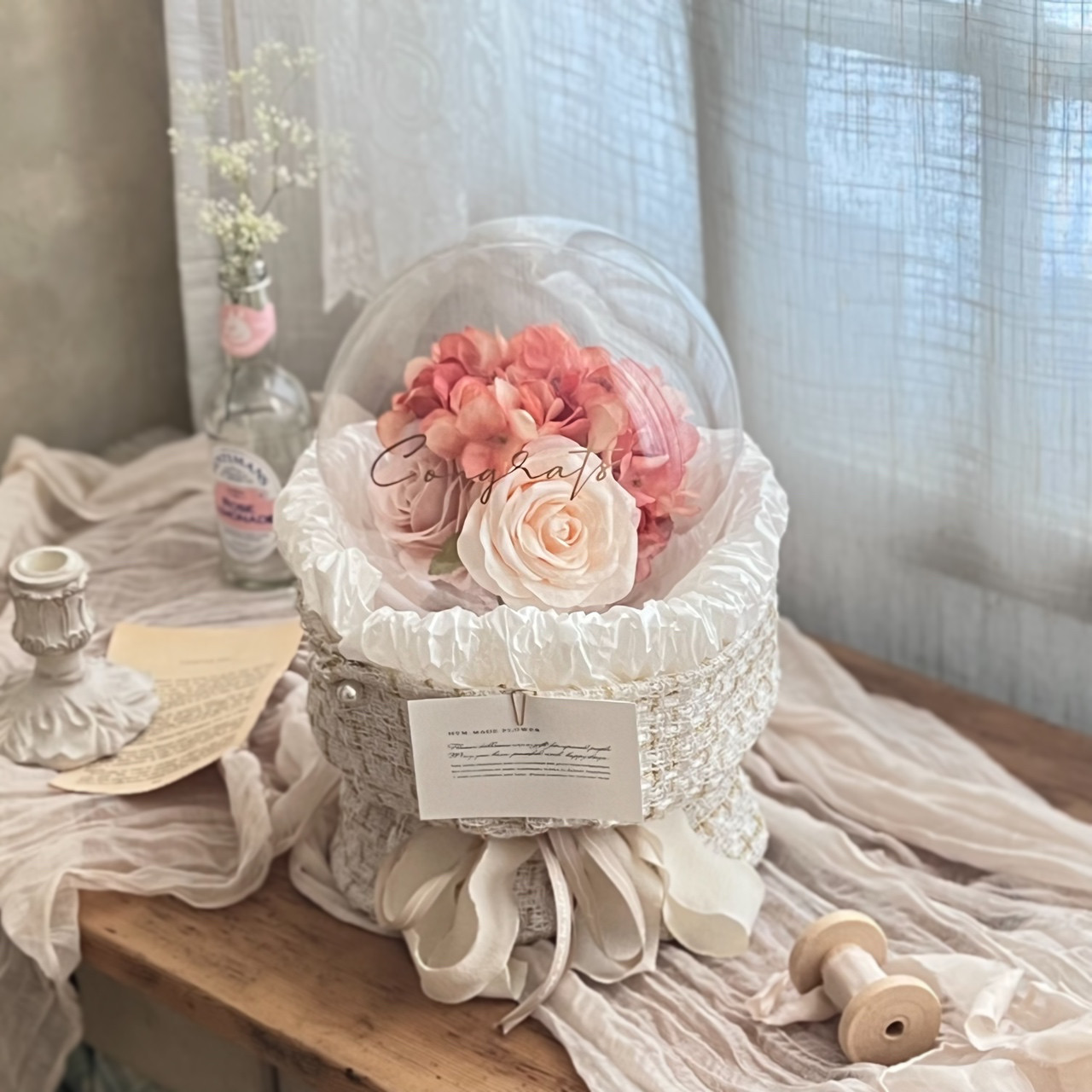 淡いピンクローズとアプリコットアジサイのバルーンフラワーギフト｜誕生日・結婚祝い・開店祝い・推し活にも 4,650円