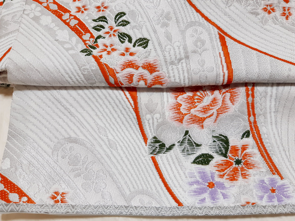 ワンタッチ帯　くらわん帯　化繊袋帯リメイク　朱牡丹紫花　作り帯　 6枚目の画像