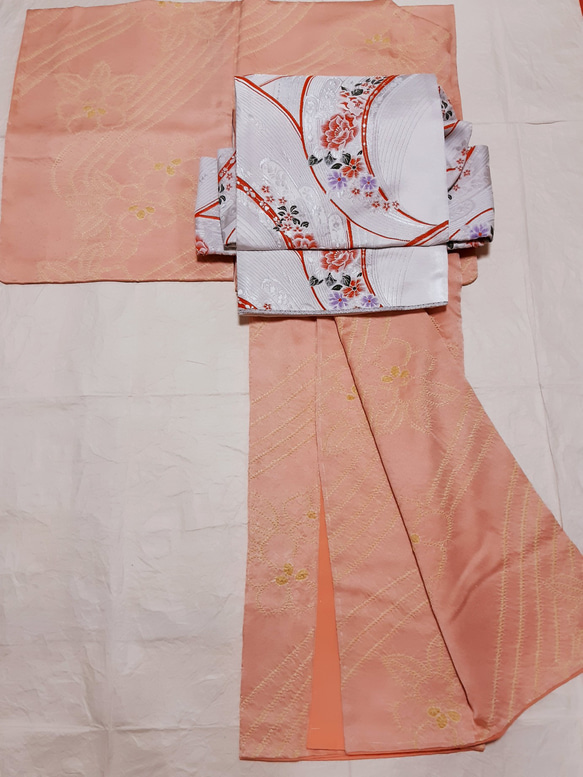 ワンタッチ帯　くらわん帯　化繊袋帯リメイク　朱牡丹紫花　作り帯　 11枚目の画像