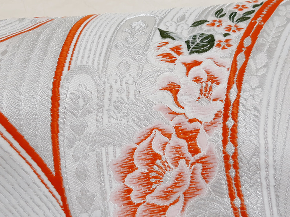 ワンタッチ帯　くらわん帯　化繊袋帯リメイク　朱牡丹紫花　作り帯　 5枚目の画像
