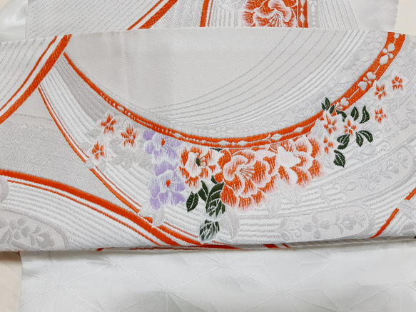 ワンタッチ帯　くらわん帯　化繊袋帯リメイク　朱牡丹紫花　作り帯　 9枚目の画像