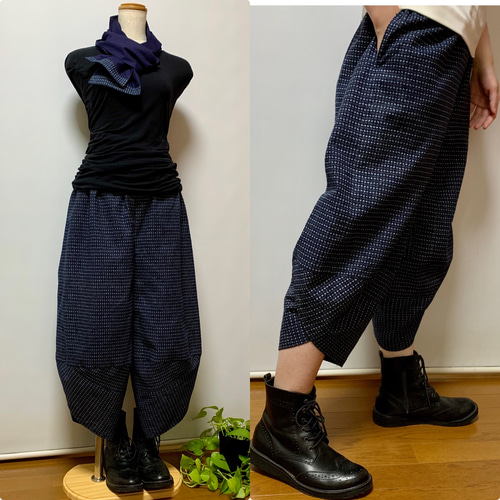 書生絣サルエルパンツ＋ストール＊着物リメイク キュロット