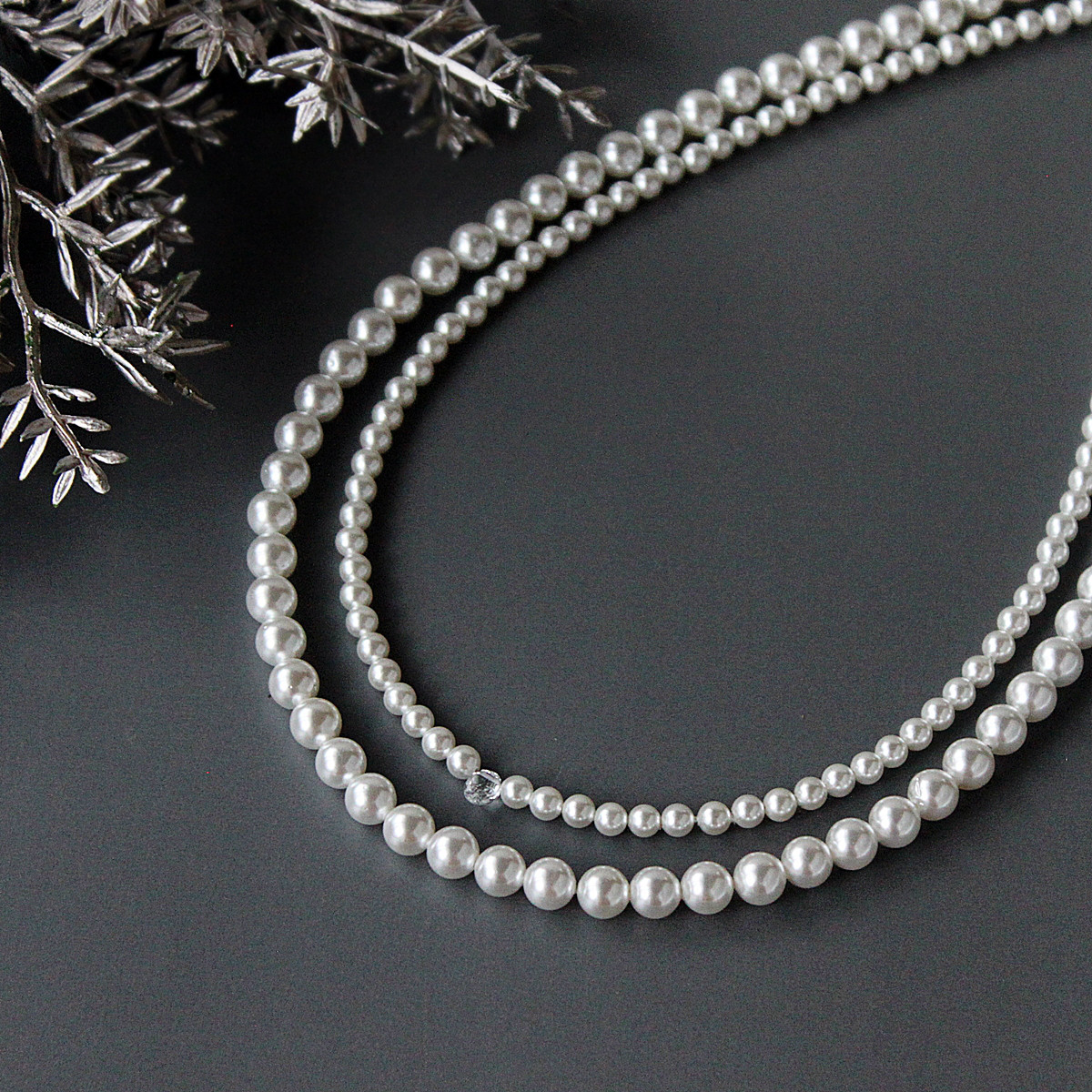 2点セット｜ホワイトトパーズと貝パールの二連ネックレス 4mm・6mm｜14kgf