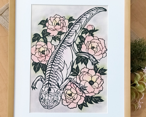 原画】「骨の透けたヤモリと牡丹」パステル切り絵 A4 切り絵 す