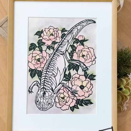 原画】「骨の透けたヤモリと牡丹」パステル切り絵 A4 切り絵 すがた