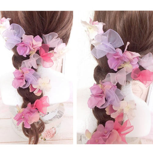 H61　オレンジピオニー水引 ヘアアクセサリー 浴衣Ｕピン和装オーガンジーリボン H63 オレンジピオニー水引 ヘアアクセサリー 浴衣Uピン和装
