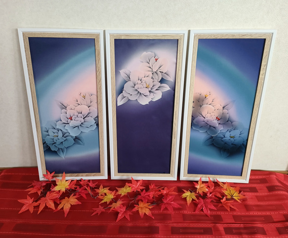 着物額縁】青地に白牡丹/3点セット（送料無料） その他インテリア雑貨