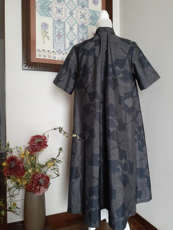 ★  着物リメイク　大島紬　半袖（正絹）ボウカラー　フレアワンピースです！！ ★ 9枚目の画像