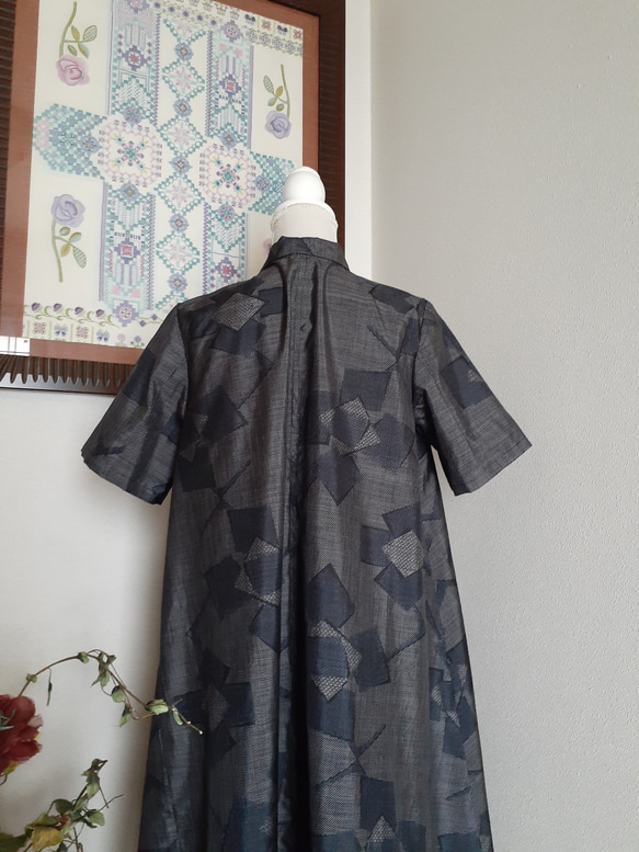 ★  着物リメイク　大島紬　半袖（正絹）ボウカラー　フレアワンピースです！！ ★ 8枚目の画像