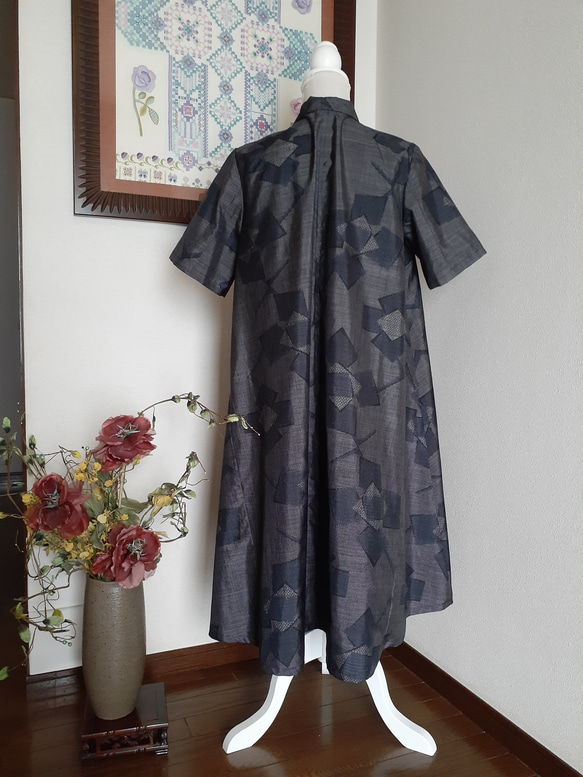 ★  着物リメイク　大島紬　半袖（正絹）ボウカラー　フレアワンピースです！！ ★ 10枚目の画像