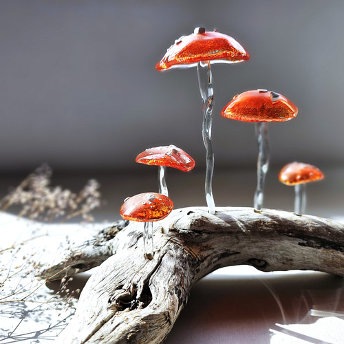 ガラスのキノコ 置物 オブジェ ベニテングダケ5本 立体・オブジェ