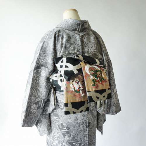 風神雷神の半幅帯 金襴と輸入生地 & 黒綿刺繍レース 帯揚げ風