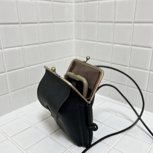 姫路レザーがま口スマホポシェット◇黒 スマホショルダー ショルダー