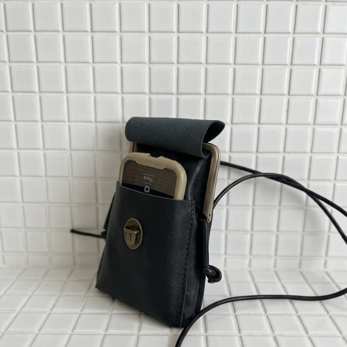 姫路レザーがま口スマホポシェット◇黒 スマホショルダー ショルダー