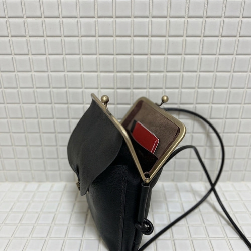 姫路レザーがま口スマホポシェット◇黒 スマホショルダー ショルダー