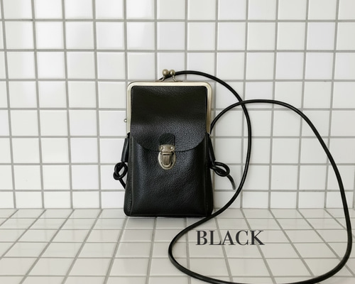 姫路レザーがま口スマホポシェット◇黒 スマホショルダー ショルダー
