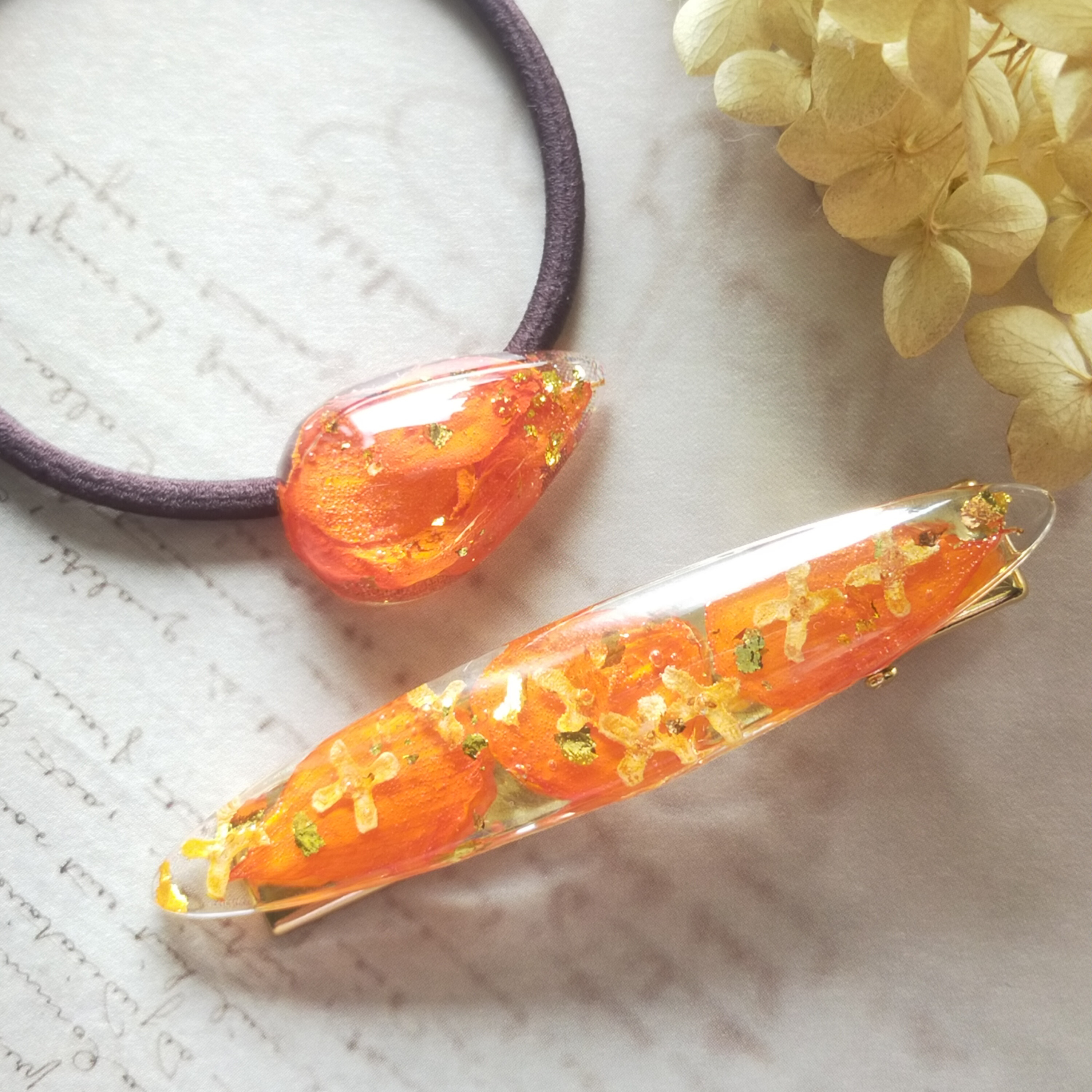 新作☆レジンヘアゴム　オレンジピール